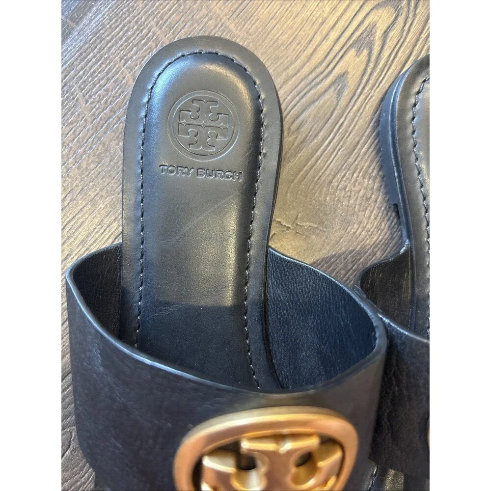 Tory Burch Benton Band Black Gold Logo Calf Leather Sandals Sz 6 1/2 6.5 M